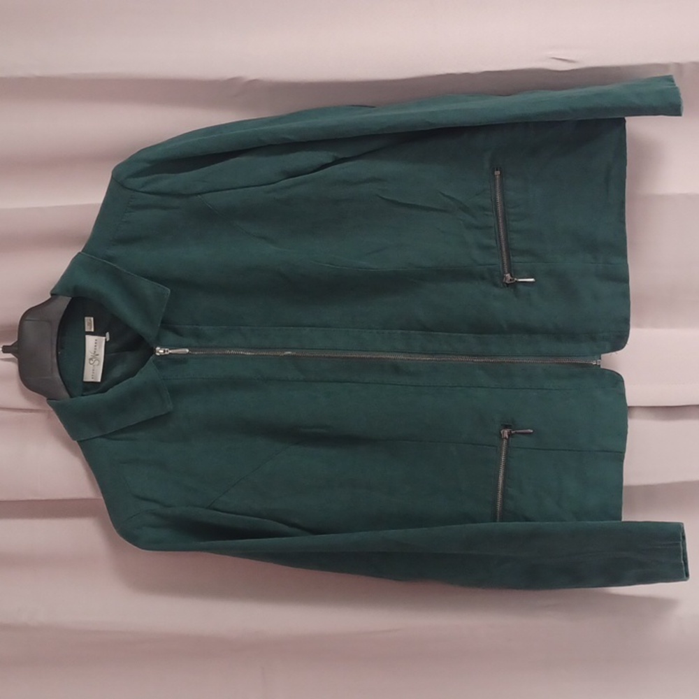 Studio Works  Dark Green Faux Suede Jacket Pockets Zip Front Size 10